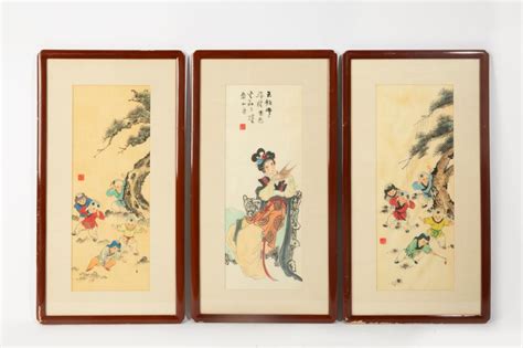 Lot Three Chinese Paintings On Silk Overall 31 X 16 12in 79 X 42cm