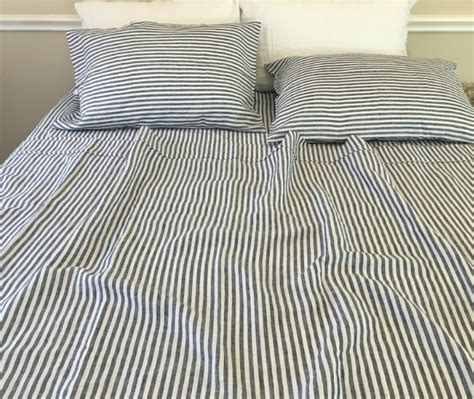 Slate Gray And White Striped Linen Sheets Set Handcrafted By Superior