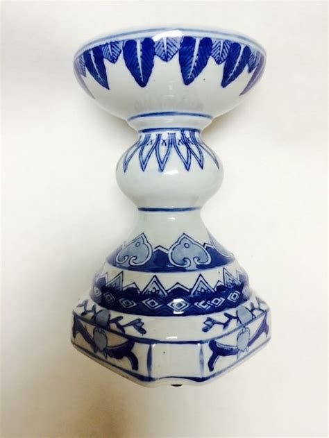 Vintage Blue And White Ceramic Candle Holder By Vintagedotdotdot