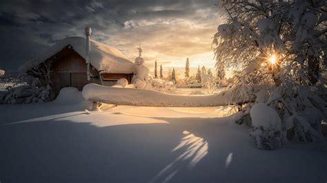 Wallpapers Hd Snow Covered House And Trees During Sunrise Under Cloudy Sky