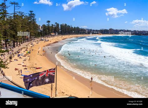 Australian Flag And Manly Beach Sydney Australia Stock Photo Alamy