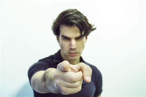 Man Pointing Camera Finger Wearing Black Polo Shirt Finger