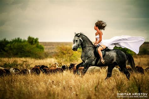Beautiful Woman Wearing Long White Dress Riding On Black Horse 54ka