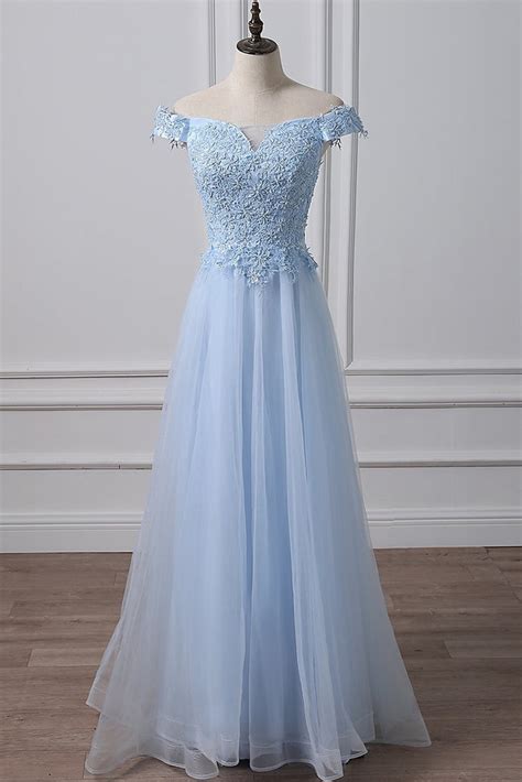 Elegant Off Shoulder Long Sky Blue Lace Prom Dress Off Shoulder Sky B
