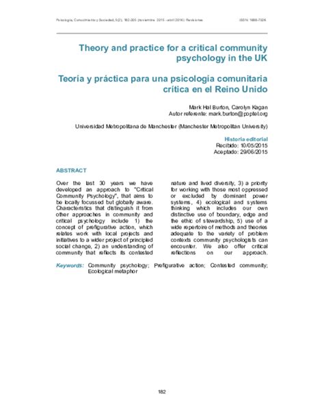 Theory And Practice For A Critical Community Psychology In The Uk