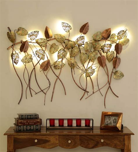 Buy Wrought Iron Hanging Leaf Wall Art With Led In Gold By Malik Design