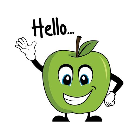 Green Apple Cartoon Character Saying Hello Suitable For Poster Banner