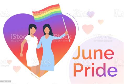 Ilustración De Pareja Lesbiana Abrazando Y Sosteniendo La Bandera Lgbt En El Corazón Y Más