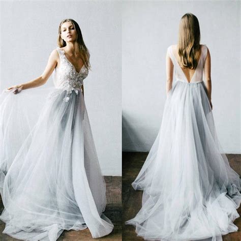 Dusty Blue Floral Wedding Dress With Tulle Skirt V Neck Bridal Gown