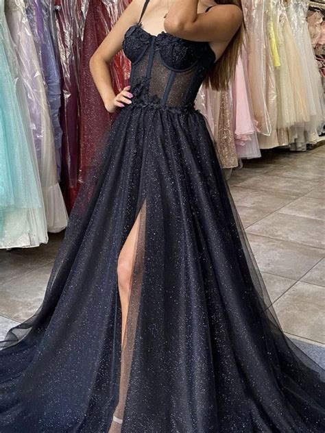 Black Glitter Tulle Prom Dress A Line Side Slit Wedding Etsy Uk