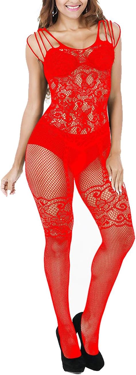 Amazon Com Women S Fishnet Bodystocking Red Babydoll Lingerie Bodysuit