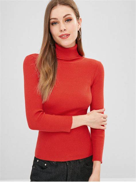 31 Off 2021 Zaful Turtleneck Ribbed Sweater In Red Zaful