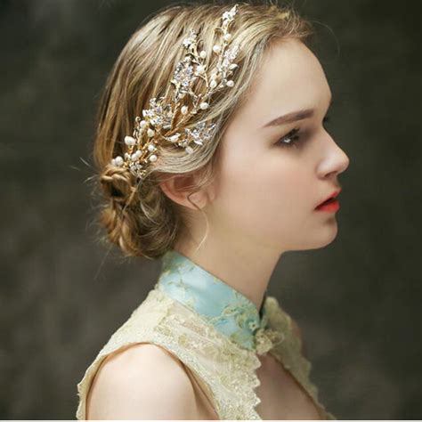 Gold Leaves Bridal Hair Accessories Romantic Pearl Bridal