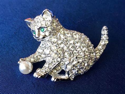 Swarovski Signed Vintage Crystal Kitten With Ball Brooch Swarovski Cat