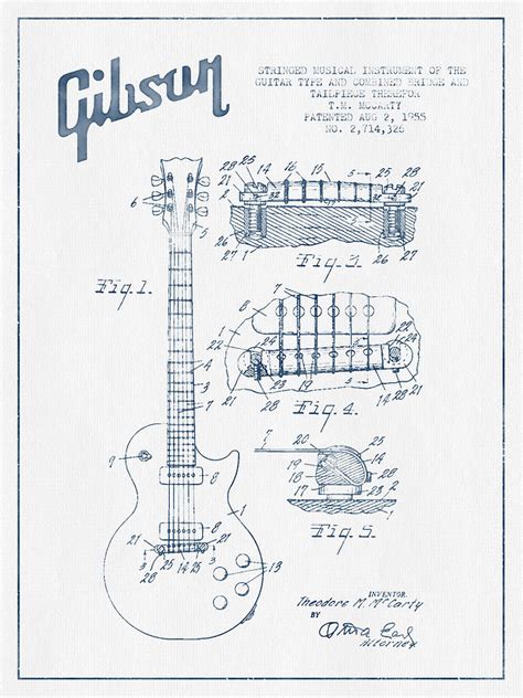 Mccarty Gibson Les Paul Guitar Patent Drawing From 1955 Blue I