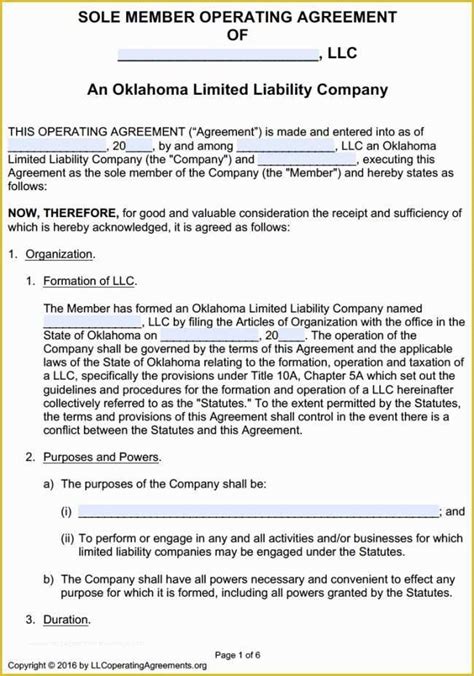 Llc Operating Agreement Template Free Of Oklahoma Single Member Llc