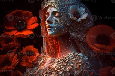 A Fantasy Portrait Of Ancient Roman Goddess Venus With Red Poppies