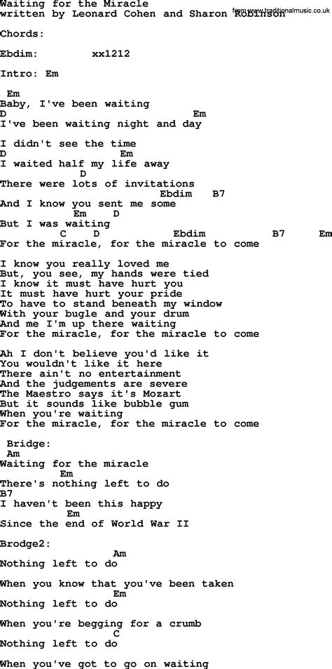 Leonard Cohen Song Waiting For The Miracle Lyrics And Chords
