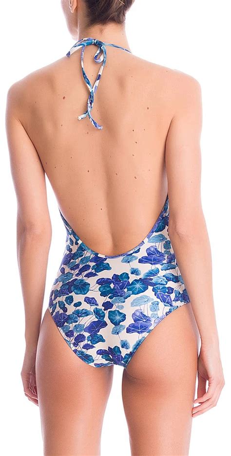 Luxurious Floral Blue Plunging One Piece Swimsuit Turquoise Flower