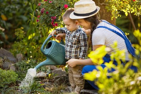 Woman Gardener And Son Watering Garden Stock Image Image Of Female