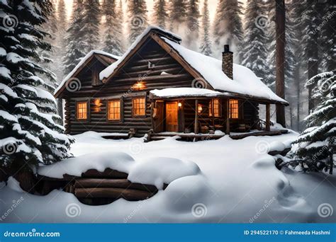 A Cozy Rustic Cabin Nestled In The Snowy Woods Smoke Rising From The