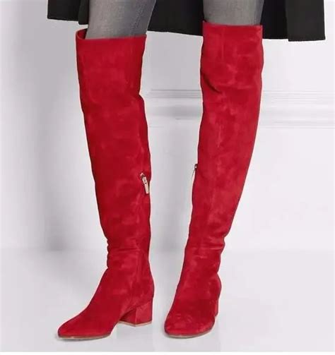 Newest Red Suede Round Toe Over The Knee Boots 2017 Thick Heels Woman Fashion Boots Winter Long