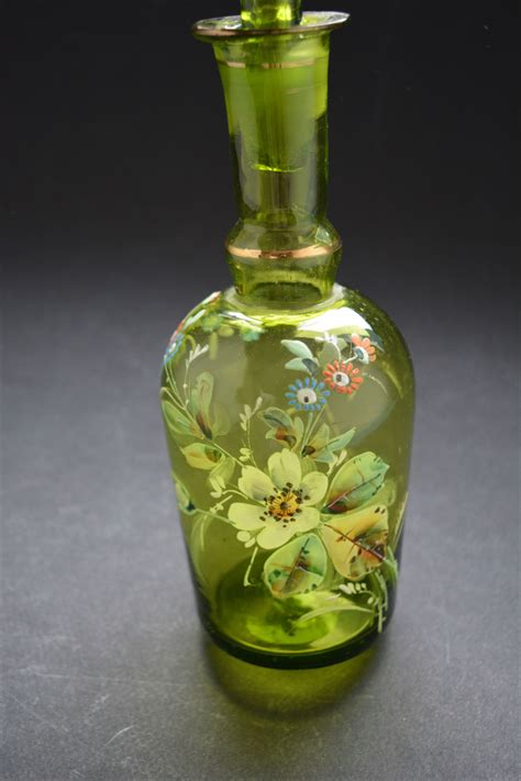 Vintage Green Glass Decanter Bottle With Stopper Hand Blown Hand Painted Ebay Vintage