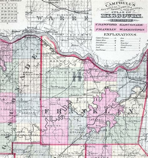 1873 Campbell Missouri County Map Crawford Gasconade Franklin