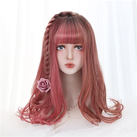 20long Wavy Cosplay Wig With Bangs Red Black Ombre Synthetic Hair