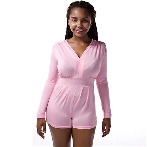 2017 new style for ladies pink v neck bodycon jumpsuit short solid long sleeve casual rompers