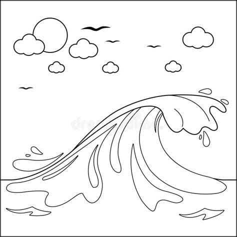 Sea Background With Big Wave Vector Black And White Coloring Page