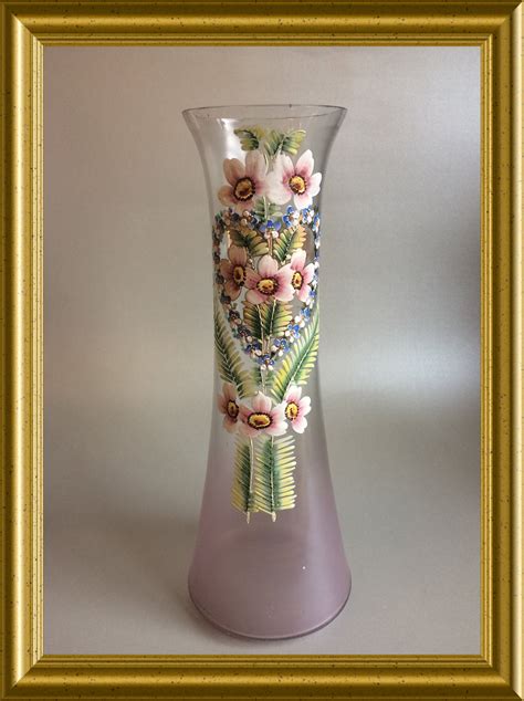 Antique Pink Glass Vase With Enamel Painted Flowers