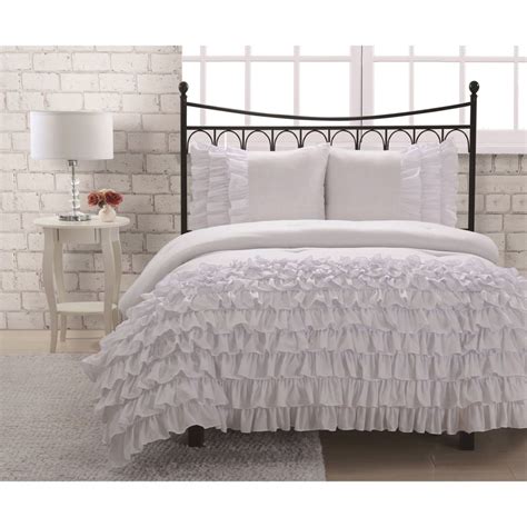 Twin Full Size Bed White Ruffles Frilly 3 Pc Piece Comforter Shams Set