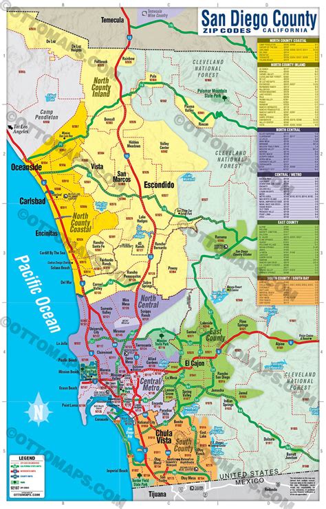 San Diego County Zip Code Map Coastal County Areas Colorized Otto