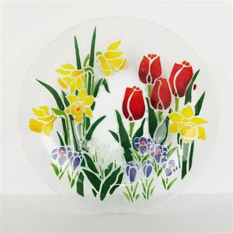 Peggy Karr Bowl Fused Glass Garden Flowers Iris Daffodils Tulips Iris 13in Eclectic In 2020