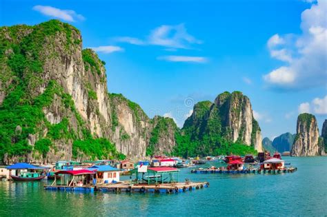 Floating Village And Rock Islands In Halong Bay Stock Photo Image Of