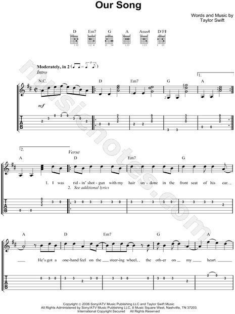 Our Song Sheet Music Taylor Swift Really Easy Guitar Ph