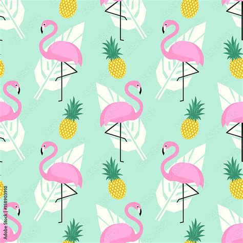 Tropical Trendy Seamless Pattern With Pink Flamingos Pineapples And