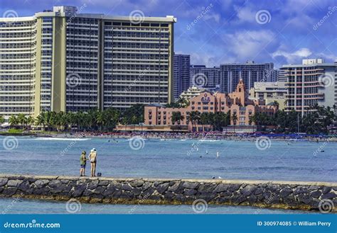 Colorful Hotels Swimmers Surfers Waikiki Beach Honolulu Hawaii
