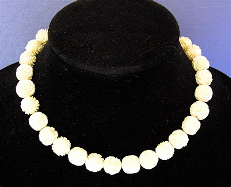 Ivory Hand Carved Flowers Necklace 16 Inch