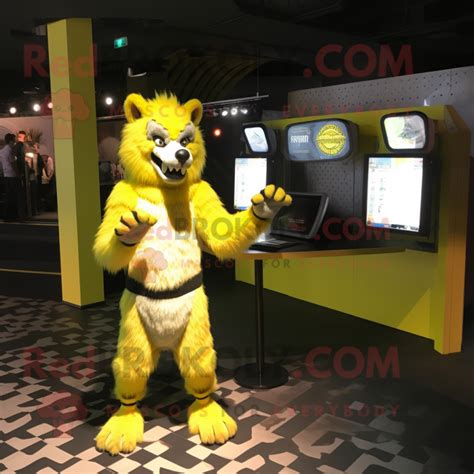 Lemon Yellow Werewolf Mascot Costume Character Dressed With A Bikini