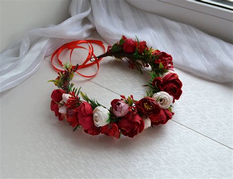 red flower crown bright floral crown red rose headpiece etsy bridal flower crown floral