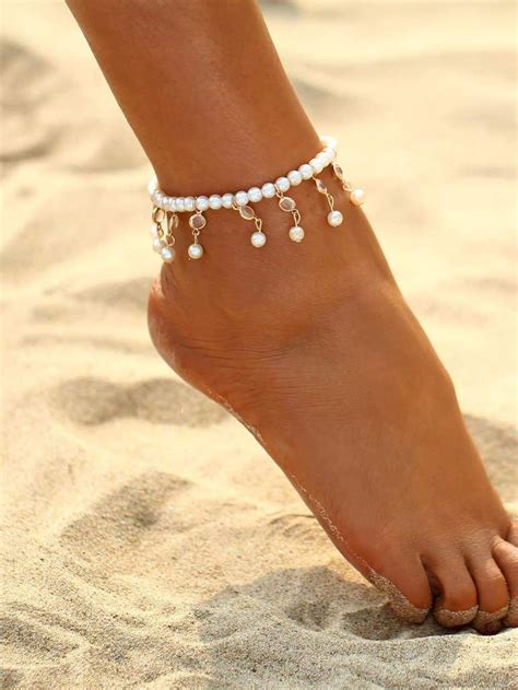 faux pearl and crystal decorated beaded anklet crystal stone jewelry crystal anklet beaded