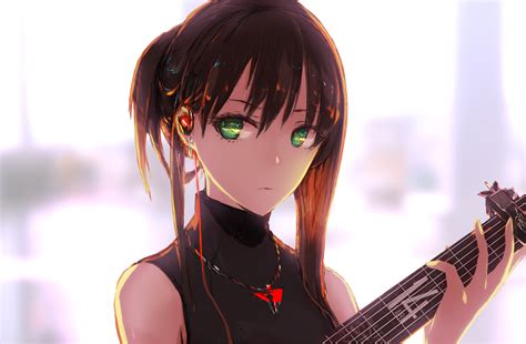 Brown Hair Green Eyes Guitar Headphones Idolmaster Idolmaster