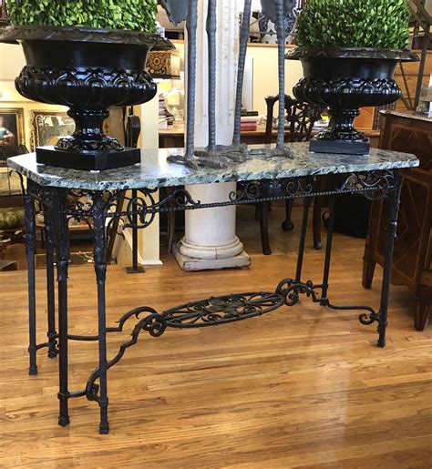 French Intricate Wrought Iron Console Table With Green Marble Top
