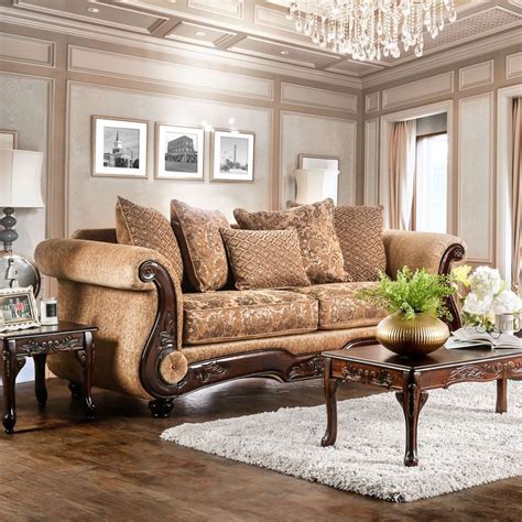 Furniture Of America Traditional Tan Chenille Wood Trim Sofa On Sale