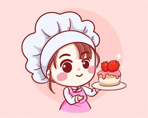 Find & download free graphic resources for woman chef. Premium Vector | Cute bakery chef girl welcome smiling cartoon art illustration logo.