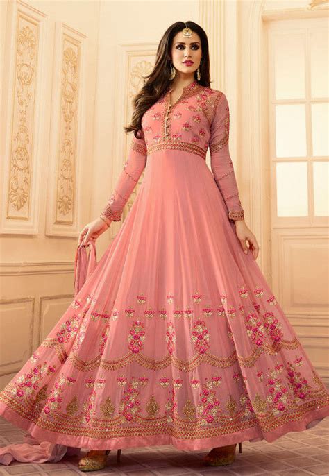 Buy Embroidered Georgette Abaya Style Suit In Light Peach Online