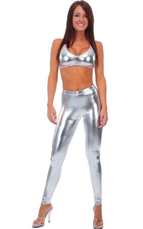 womens leggings fashion tights in liquid chrome metallic lycra by skinz