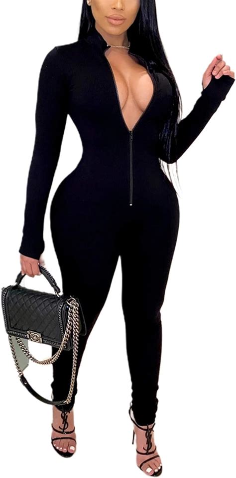 Lady´s Jumpsuit Long Sleeve Sexy Deep V Neck Front Zipper Bodycon Black Playsuit Romper Outfits